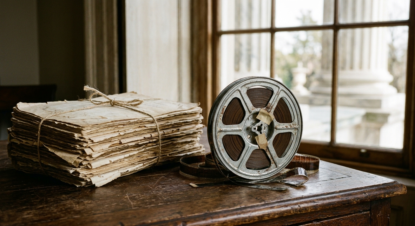a vintage film reel alongside a stack of aged historical documents resting on a heavy wooden desk, with out-of-focus neoclassical marble columns visible through