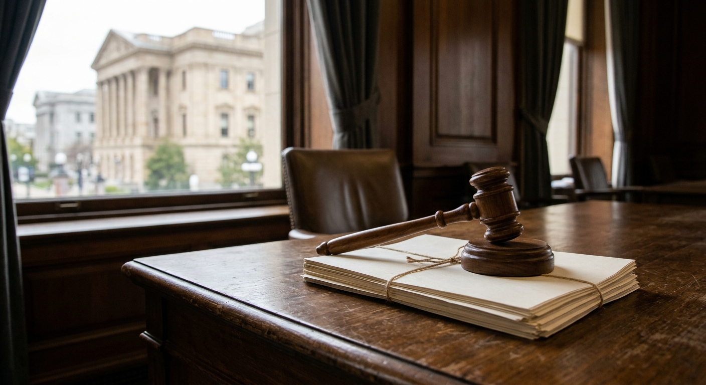 a wooden desk in a quiet government meeting room with a simple wooden gavel resting on a stack of blank legal documents, a blurred view of a neoclassical stone