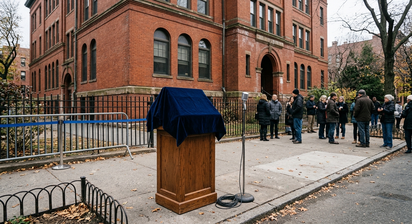 an outdoor community tribute event setup on a city sidewalk in front of a historic red brick school building, featuring a covered ceremonial plaque on a wooden