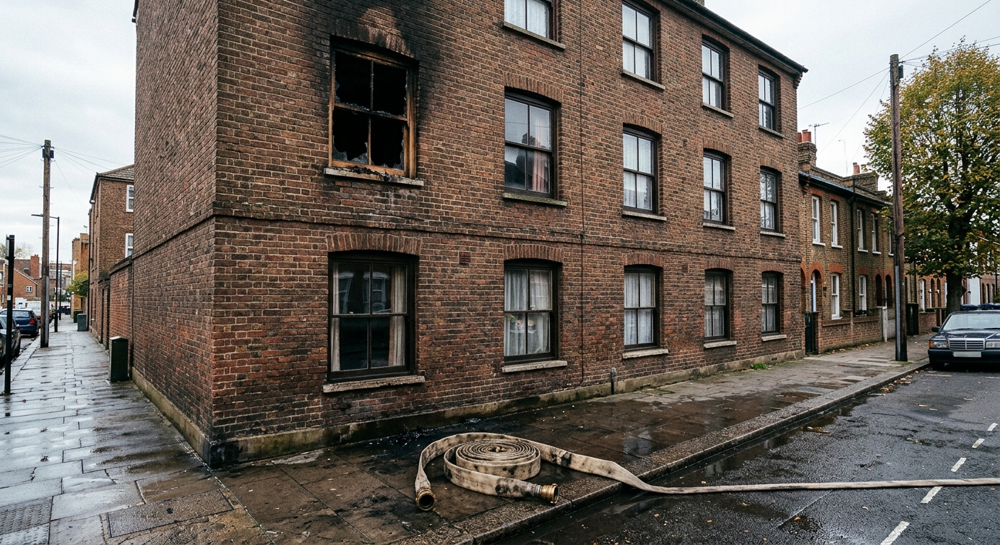 the exterior of a three-story brick residential apartment building with black soot and fire damage around a top-floor window, a rolled-up canvas fire hose resti
