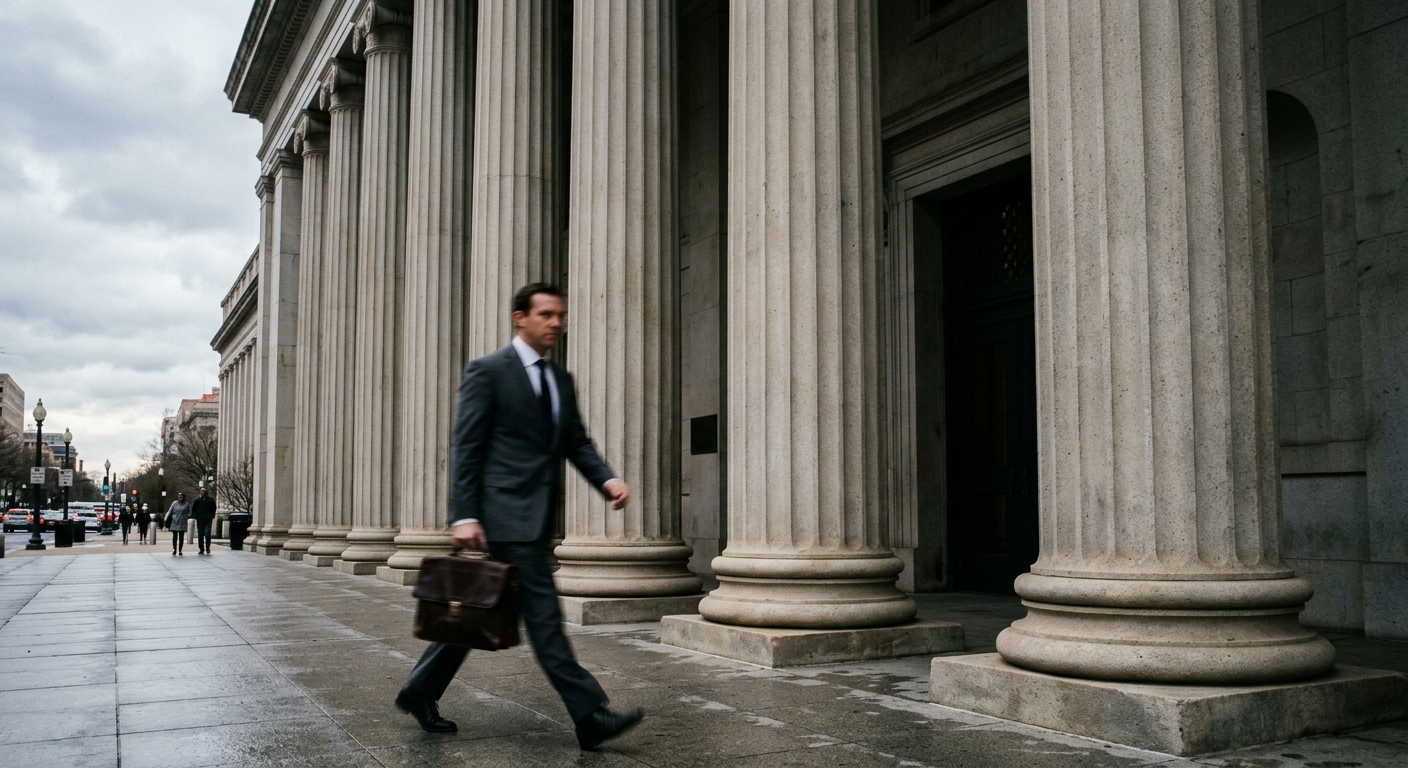 a blurred figure in a dark business suit carrying a leather briefcase, walking past the imposing stone columns of a classic neoclassical financial building in W