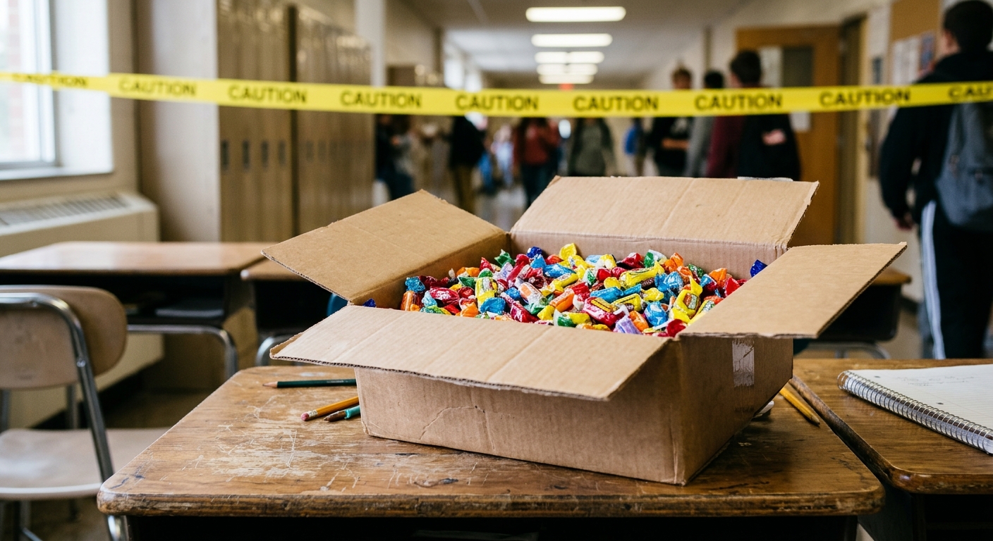 an open cardboard box of colorful wrapped candies sitting on a wooden classroom desk, with out-of-focus yellow police tape visible in the background hallway, na