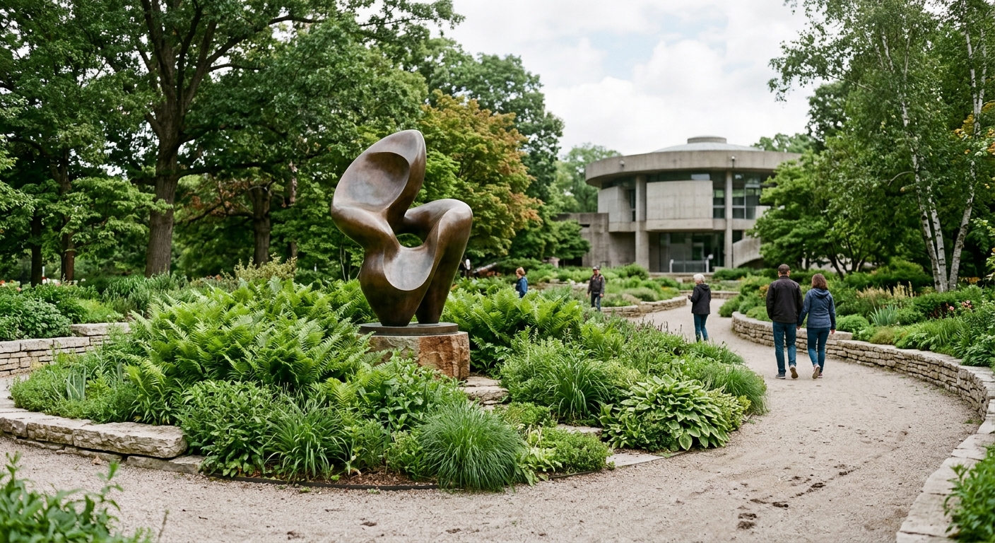 a modern outdoor sculpture garden featuring a sleek abstract bronze sculpture surrounded by lush ferns, low stone terraces, and mature trees, with a blurred vie