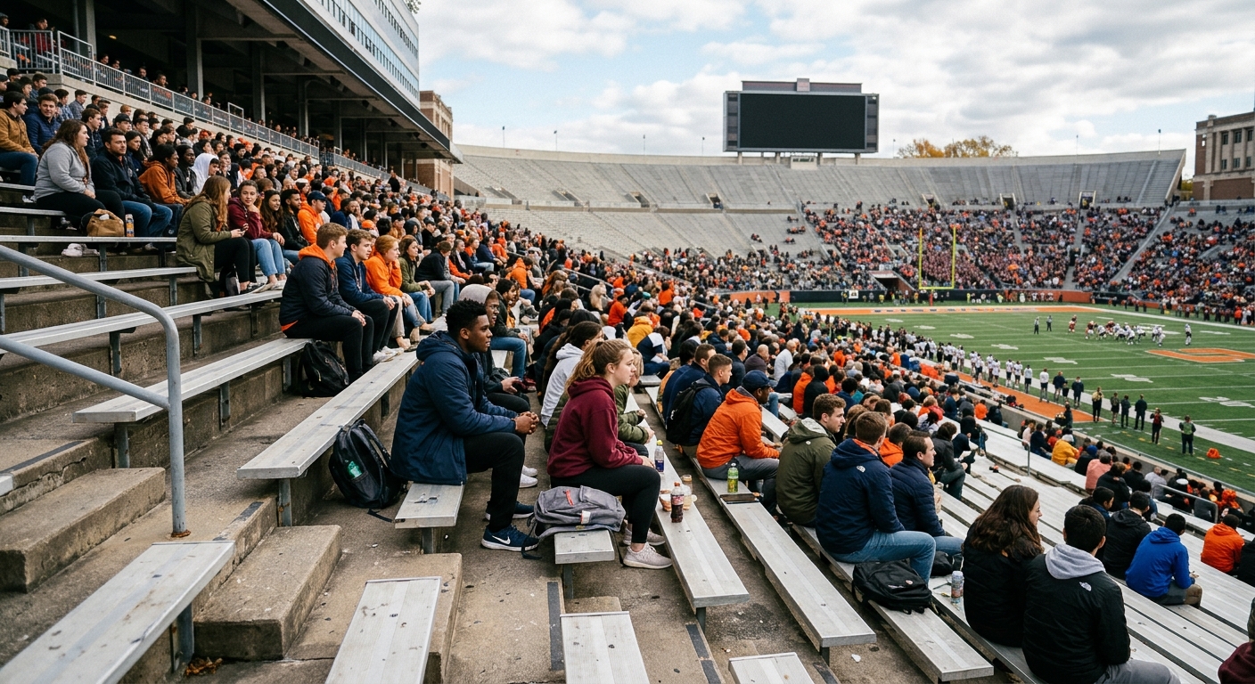 a partially filled student section in a large outdoor American football stadium, featuring college students in casual fall jackets sitting on metal bleachers, n